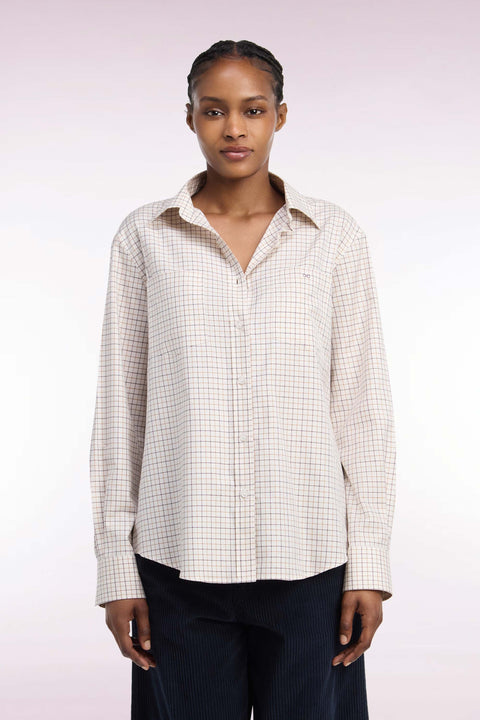 Chemise en coton écru à carreaux moutarde et marine coupe décontractée - Image 2