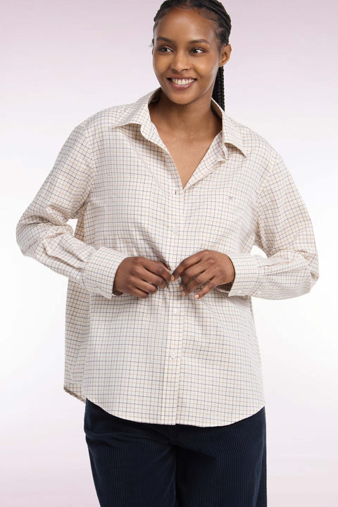 Chemise en coton écru à carreaux moutarde et marine coupe décontractée - Image 1
