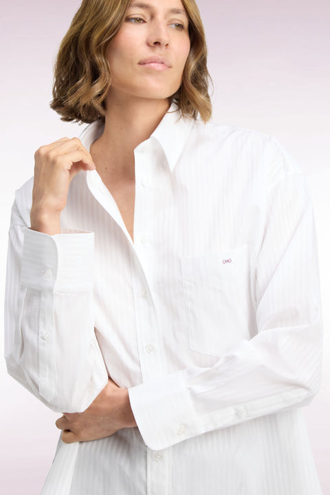 White cotton shirt with beige stripes, oversized cut - Image 1
