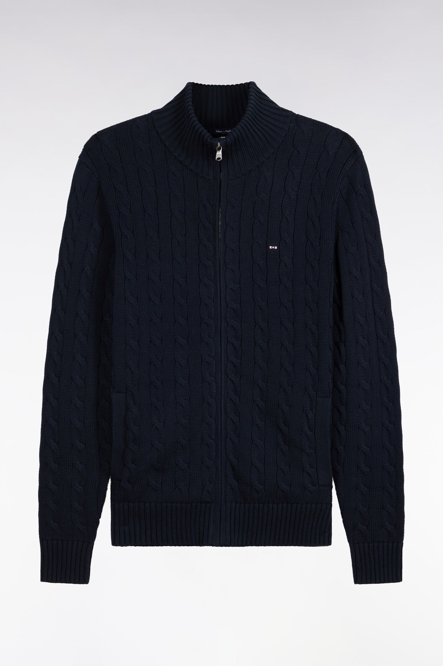 Cardigan à torsades zippé en coton marine coupe droite