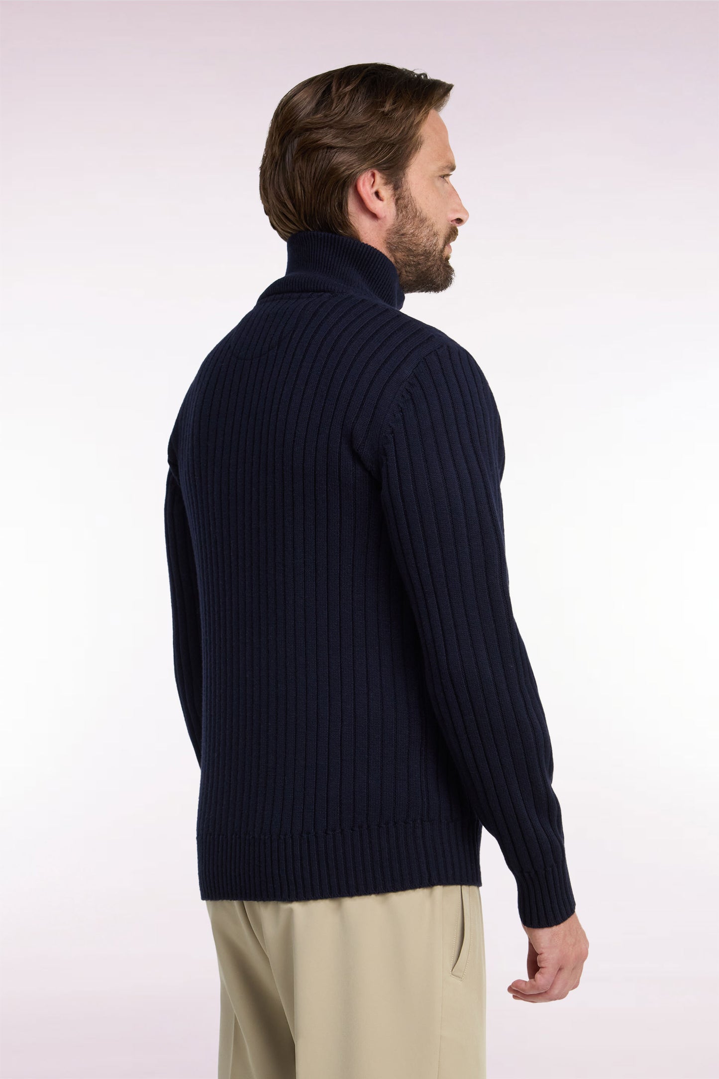 Cardigan zippé à col camionneur en laine et coton marine côtelé coupe droite