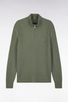 Straight-fit ribbed khaki wool and cotton trucker collar zipped cardigan