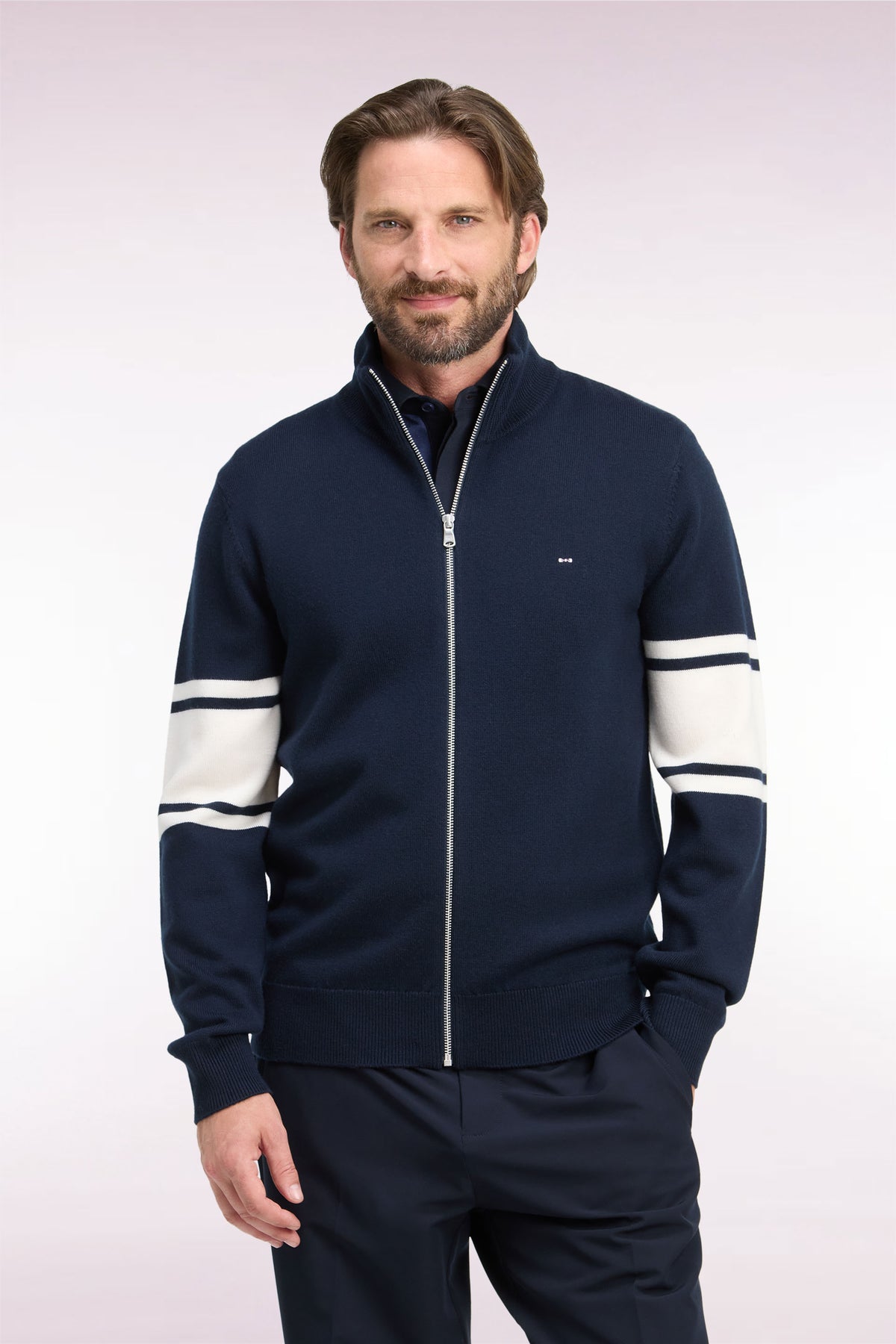 Navy merino wool zipped cardigan with striped sleeves, straight fit