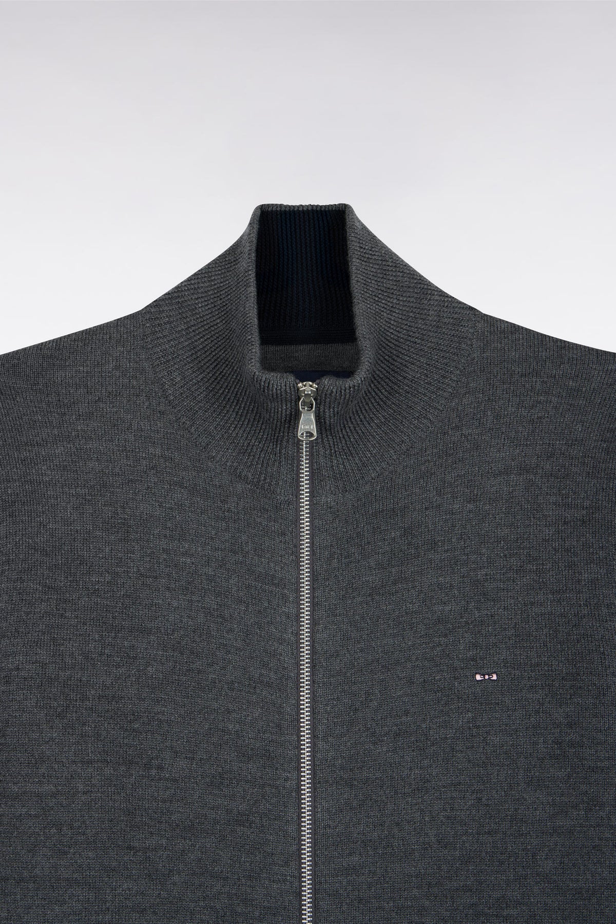 Gray merino wool zipped cardigan with striped sleeves, straight fit
