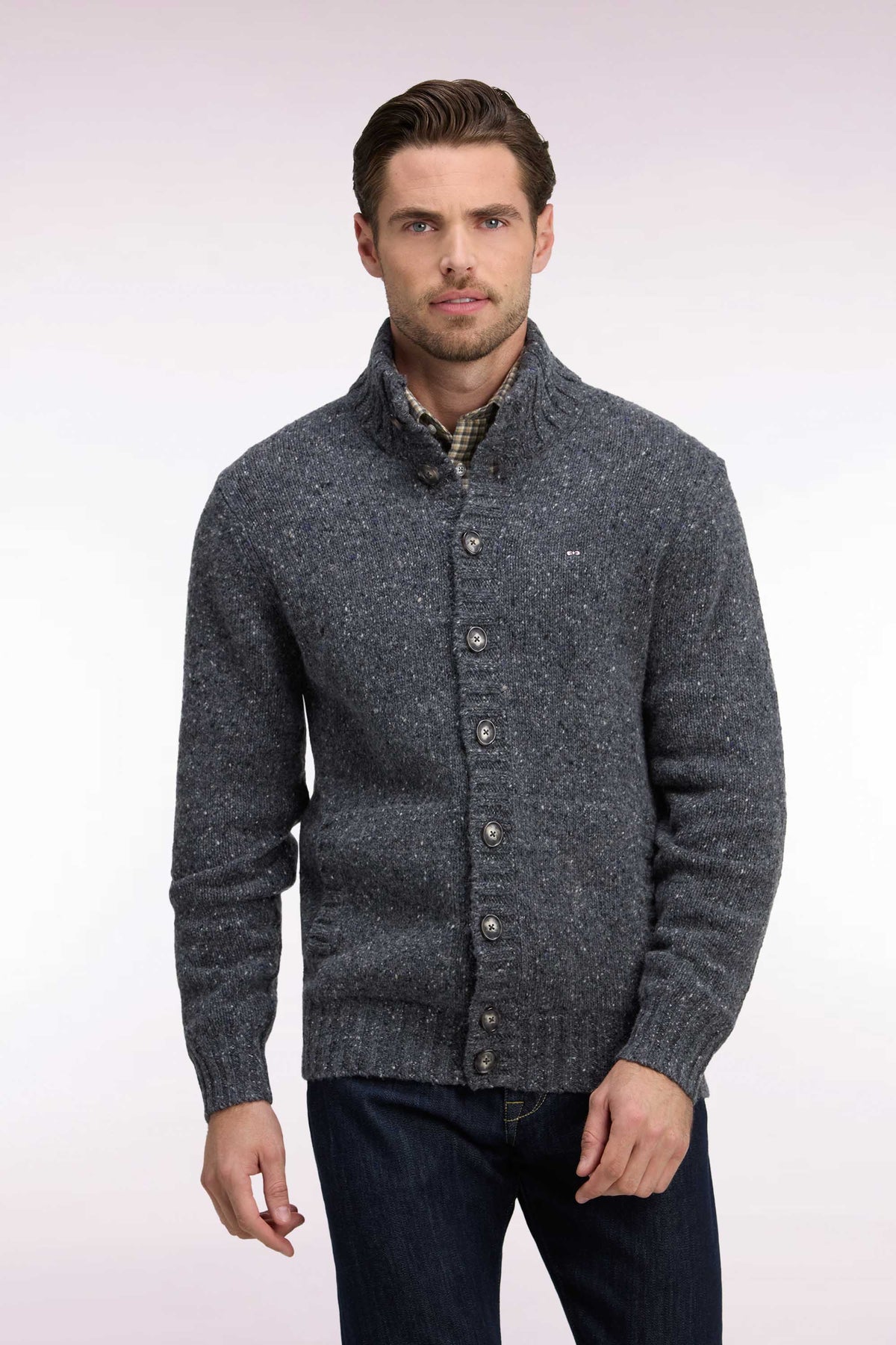 Gray heathered chunky knit straight cut buttoned cardigan