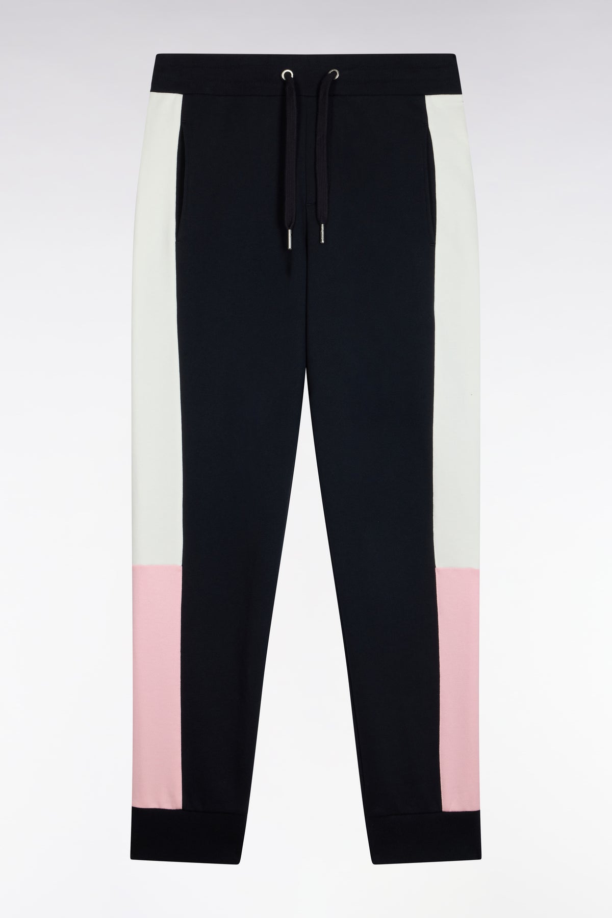 Navy fleece joggers with contrasting leg cutouts, straight cut