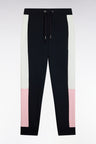 Navy fleece joggers with contrasting leg cutouts, straight cut