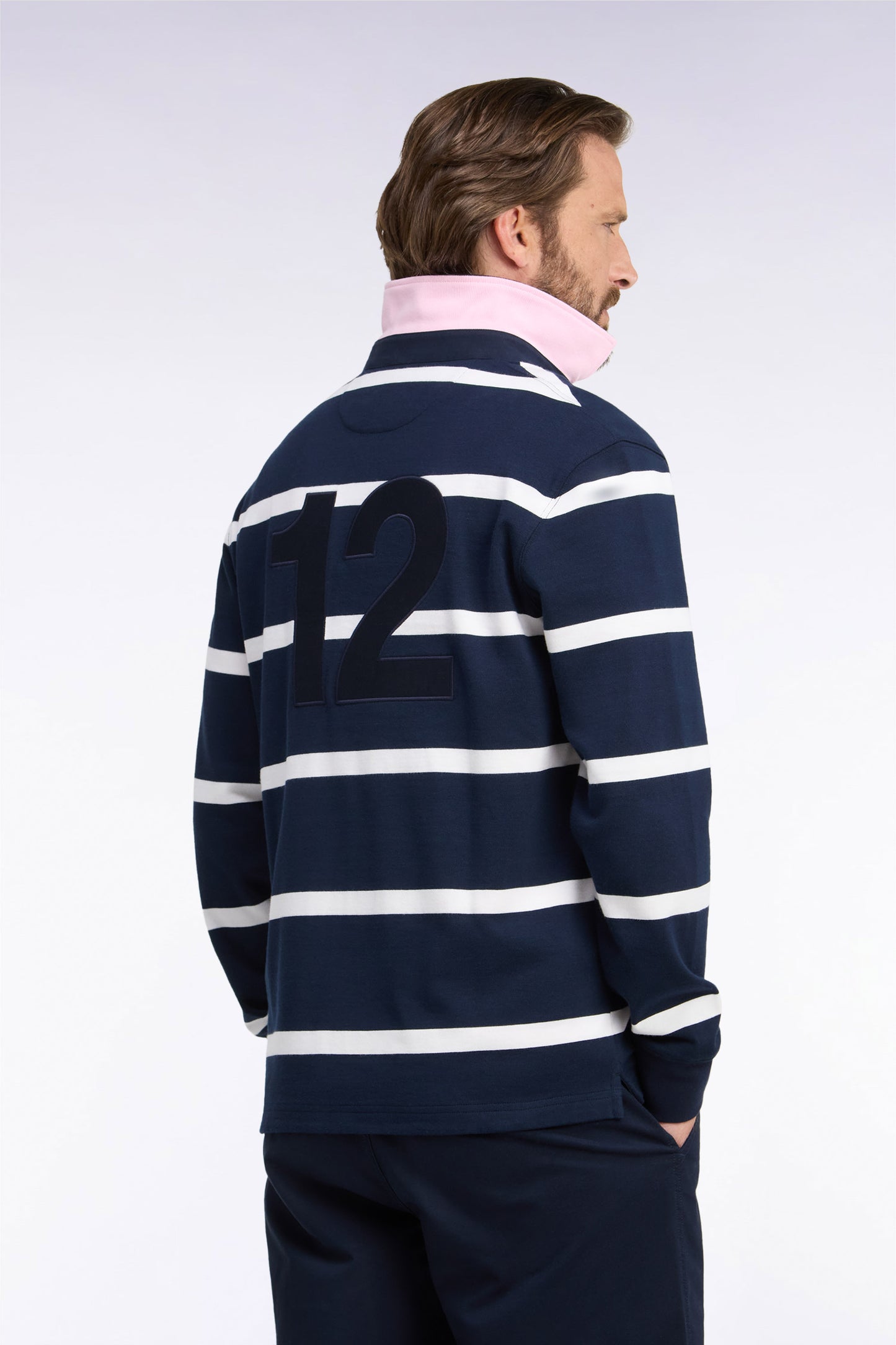 Maillot manches longues en jersey de coton marine rayé broderie dos