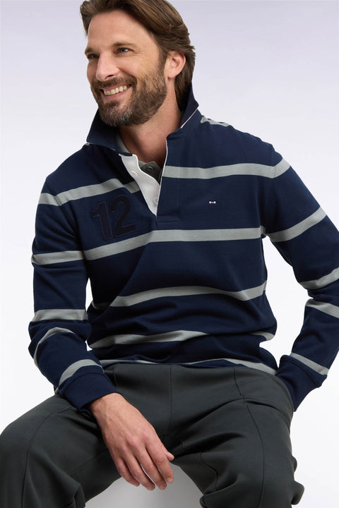 Long-sleeved jersey in khaki striped cotton jersey with back embroidery - Image 1