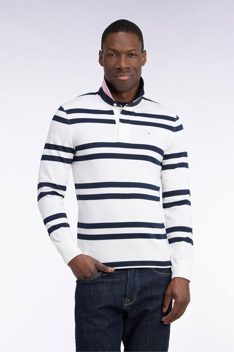 Long-sleeved jersey in white cotton jersey with navy stripes, regular fit - Image 3