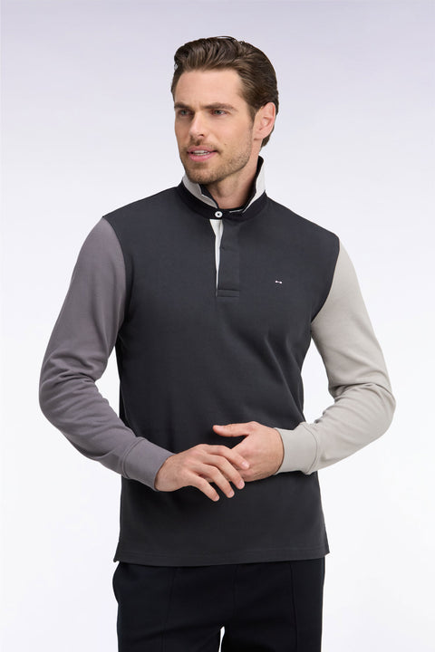 Long-sleeved jersey in dark gray tricolor cotton jersey embroidered straight cut - Image 1