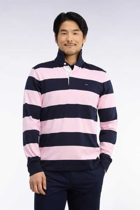 Maillot manches longues en coton rayé rose et marine coupe droite - Image 3