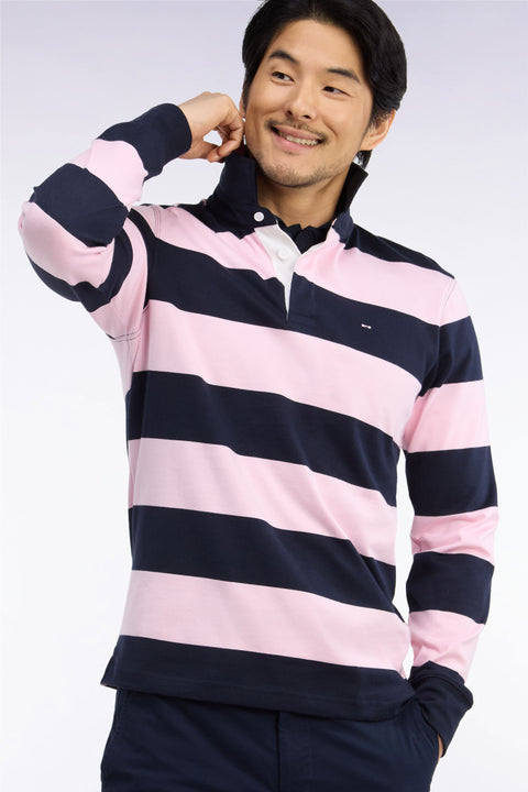 Maillot manches longues en coton rayé rose et marine coupe droite - Image 1