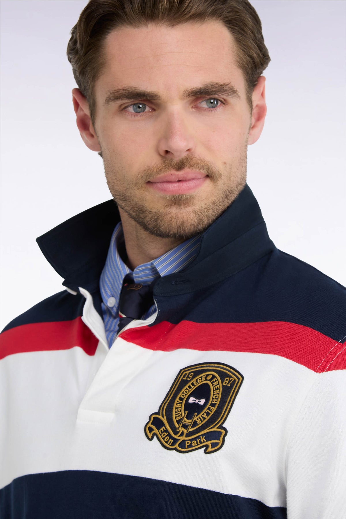 Long-sleeved navy striped jersey with badge embroidery
