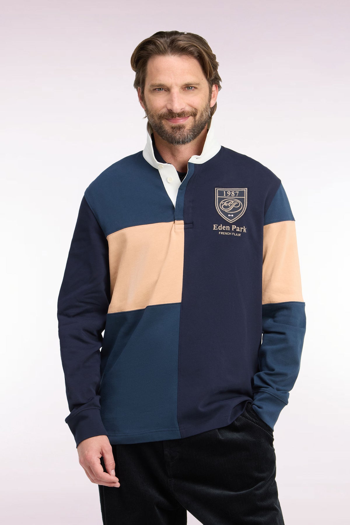 Long-sleeved jersey in tricolor combed cotton jersey, blue gray, straight cut