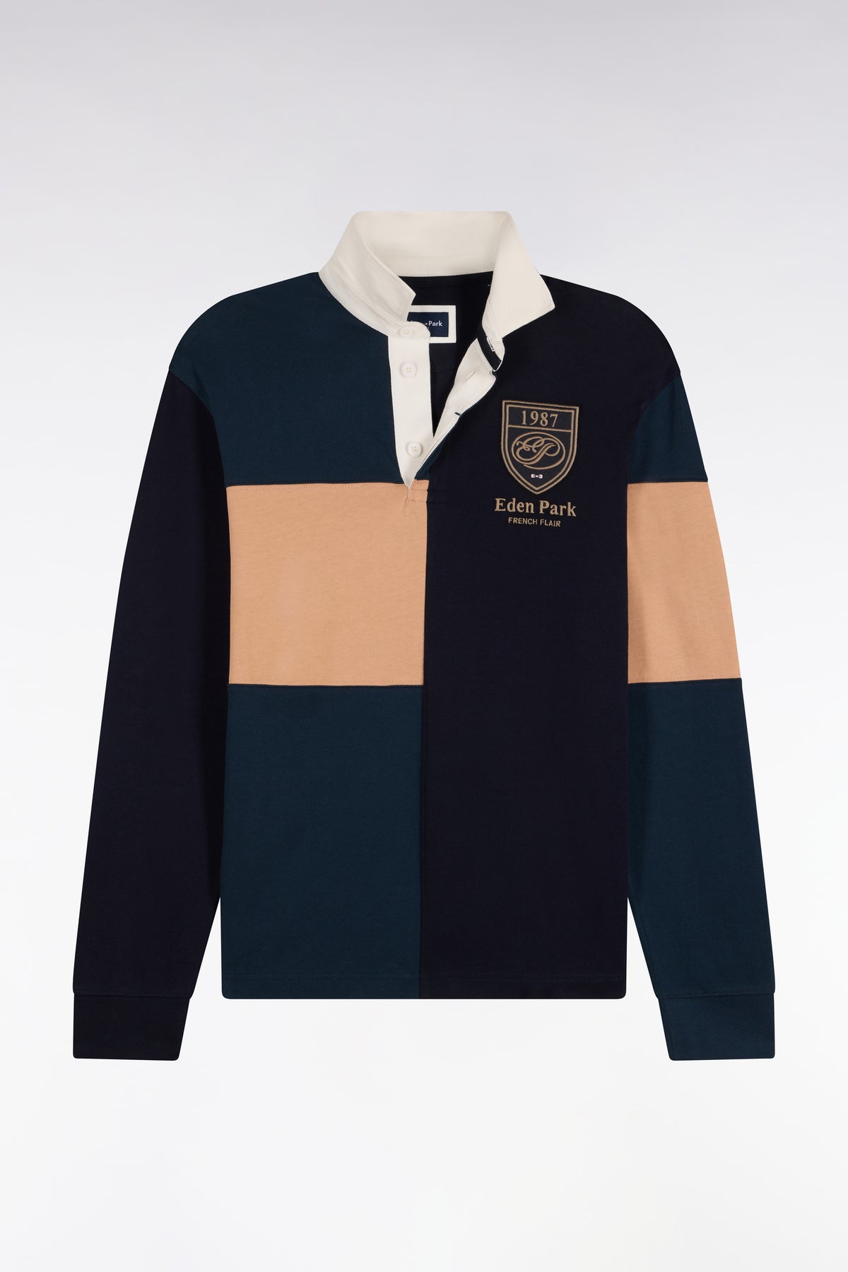 Long-sleeved jersey in tricolor combed cotton jersey, blue gray, straight cut