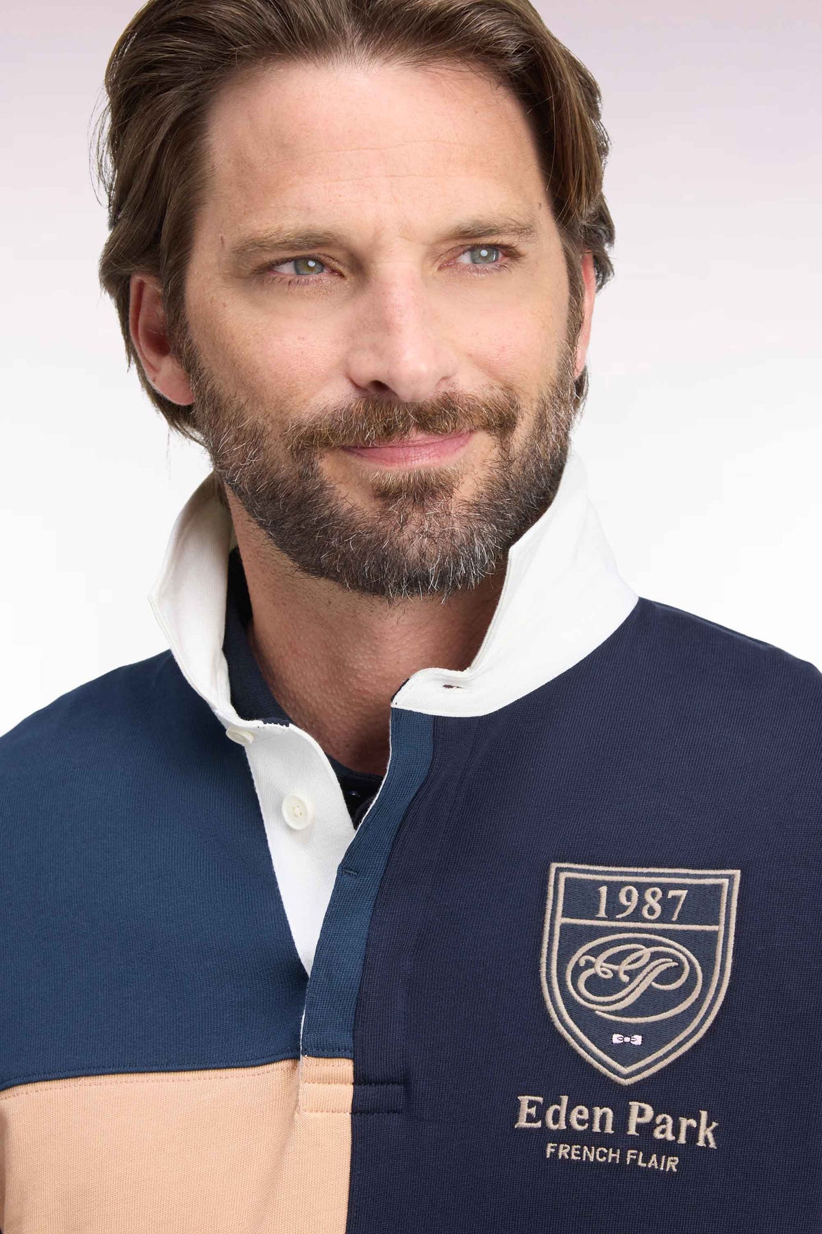 Long-sleeved jersey in tricolor combed cotton jersey, blue gray, straight cut