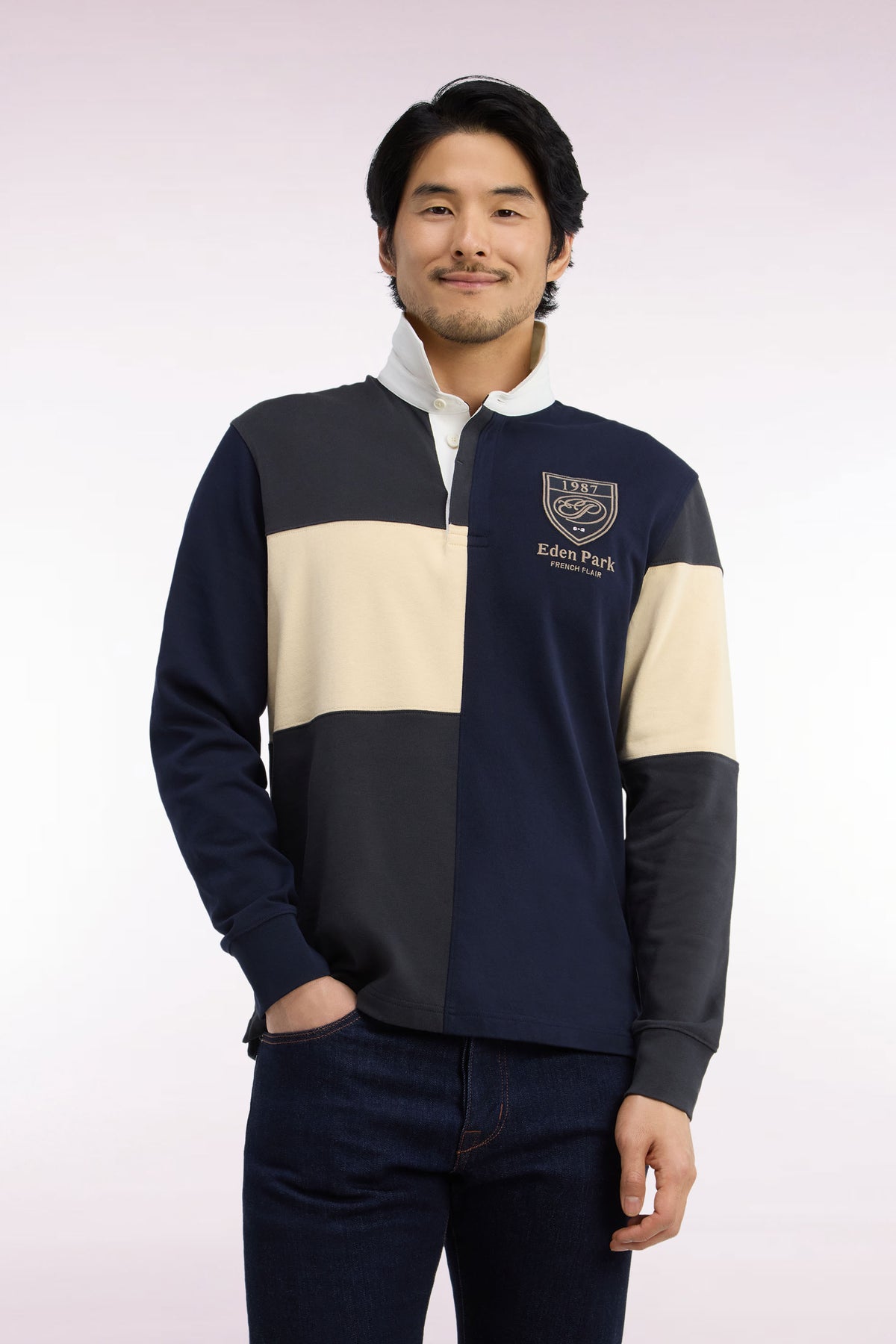 Long-sleeved jersey in gray tricolor combed cotton jersey, straight cut
