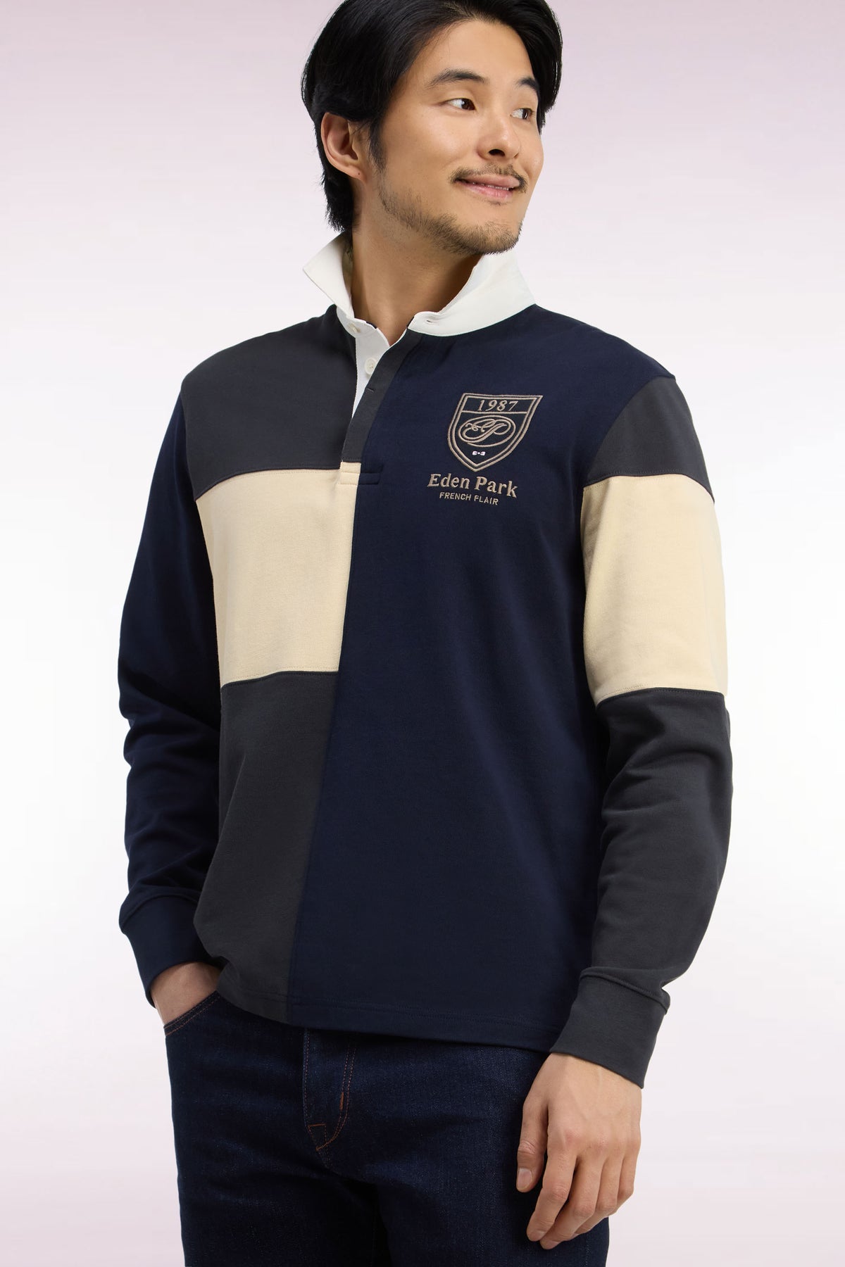 Long-sleeved jersey in gray tricolor combed cotton jersey, straight cut