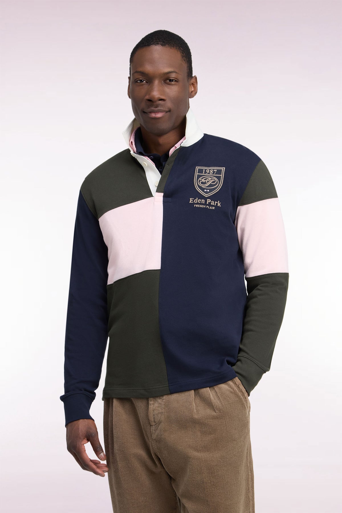 Long-sleeved jersey in straight-cut khaki tricolor combed cotton jersey
