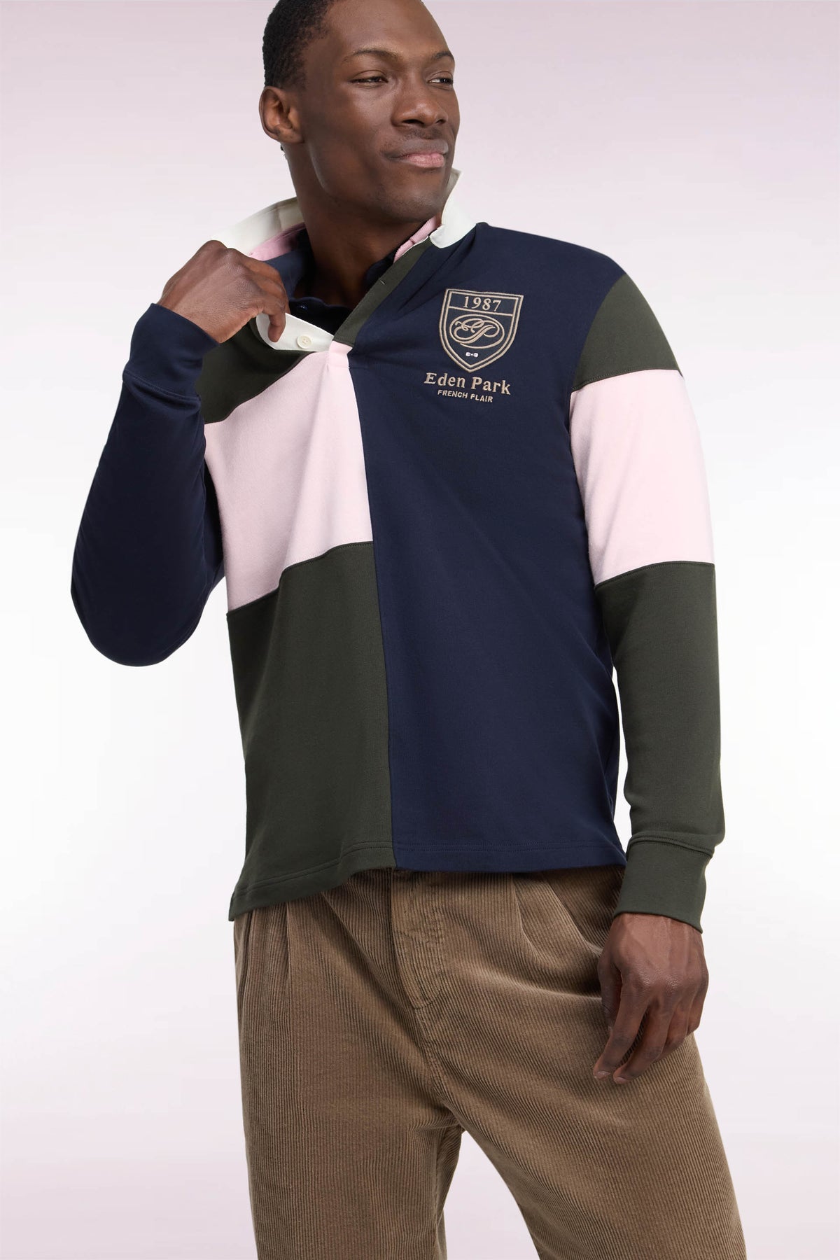 Long-sleeved jersey in straight-cut khaki tricolor combed cotton jersey
