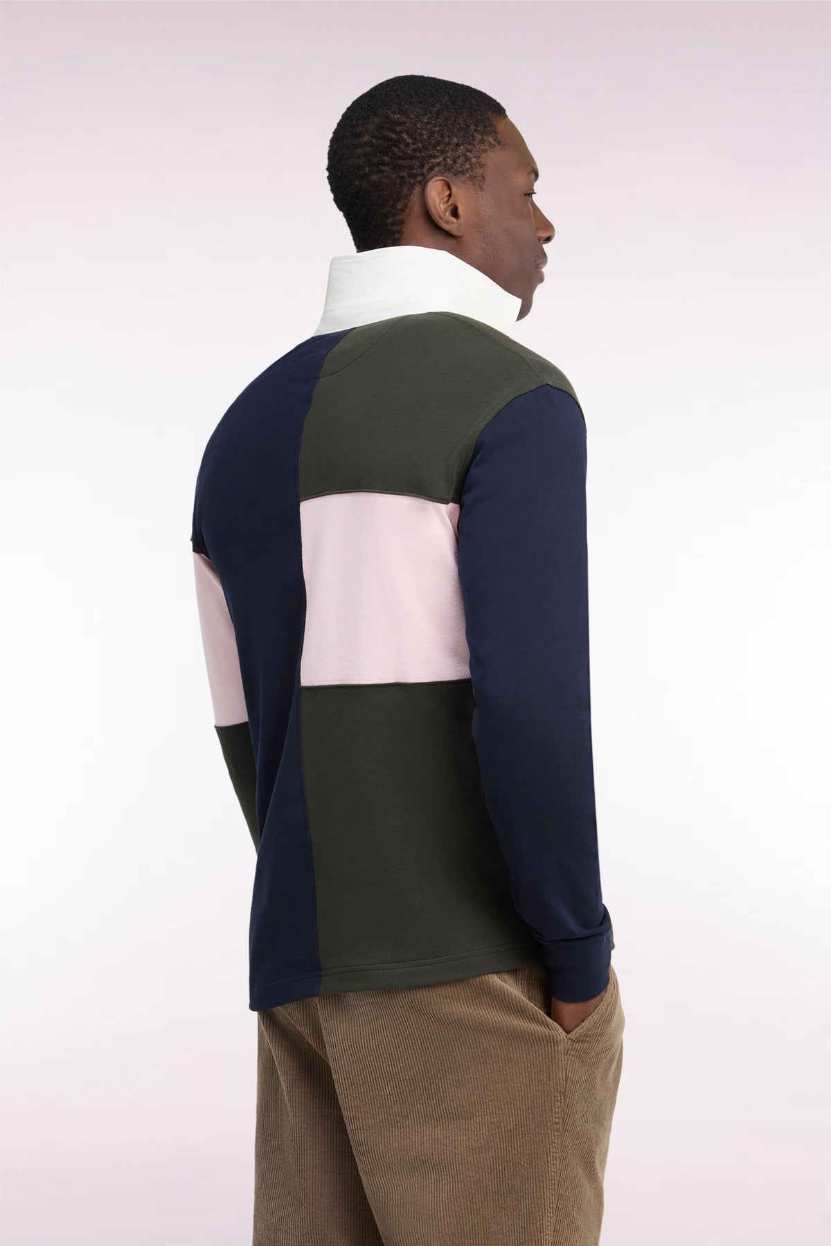 Long-sleeved jersey in straight-cut khaki tricolor combed cotton jersey