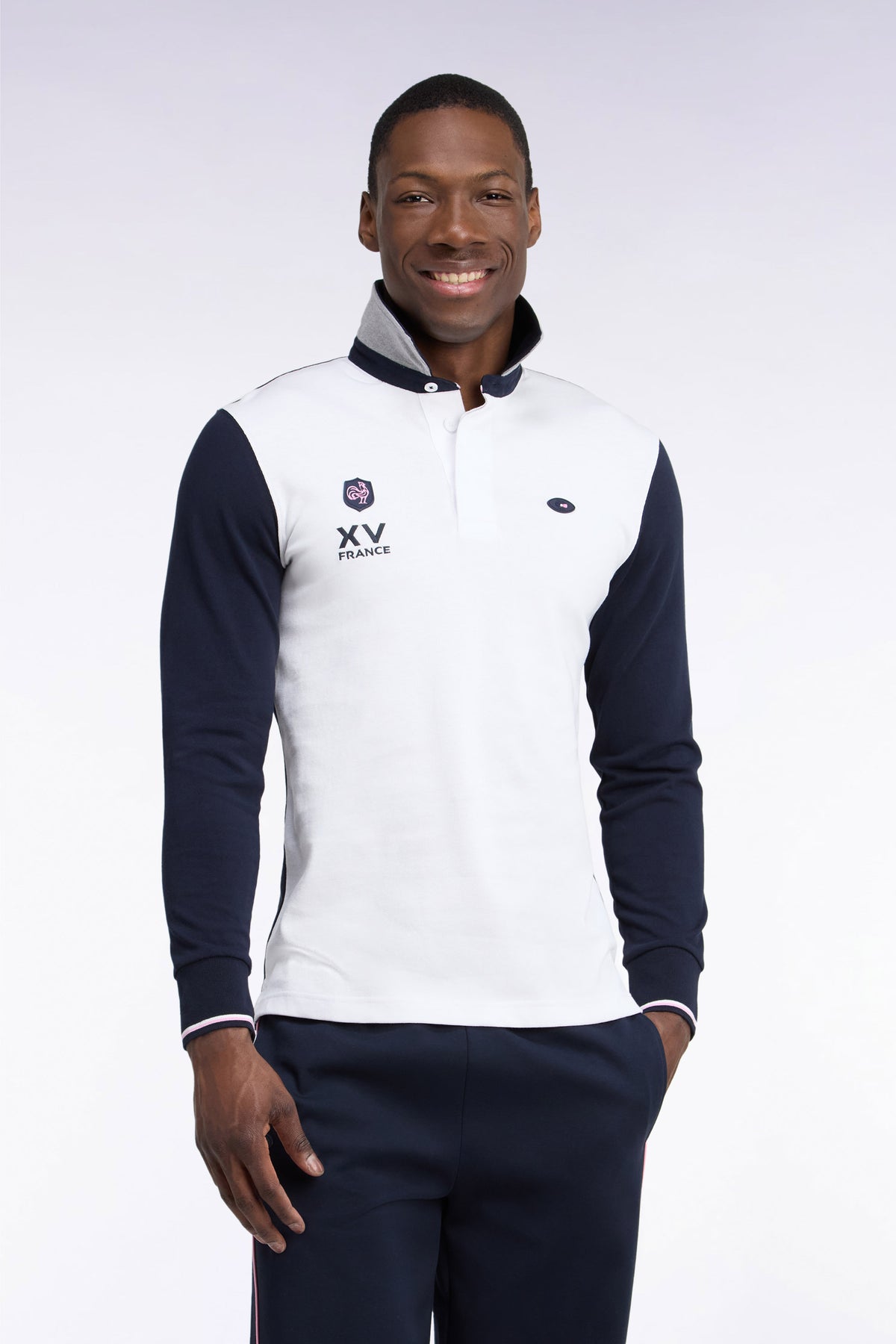 Long-sleeved jersey in navy and white cotton jersey XV de France