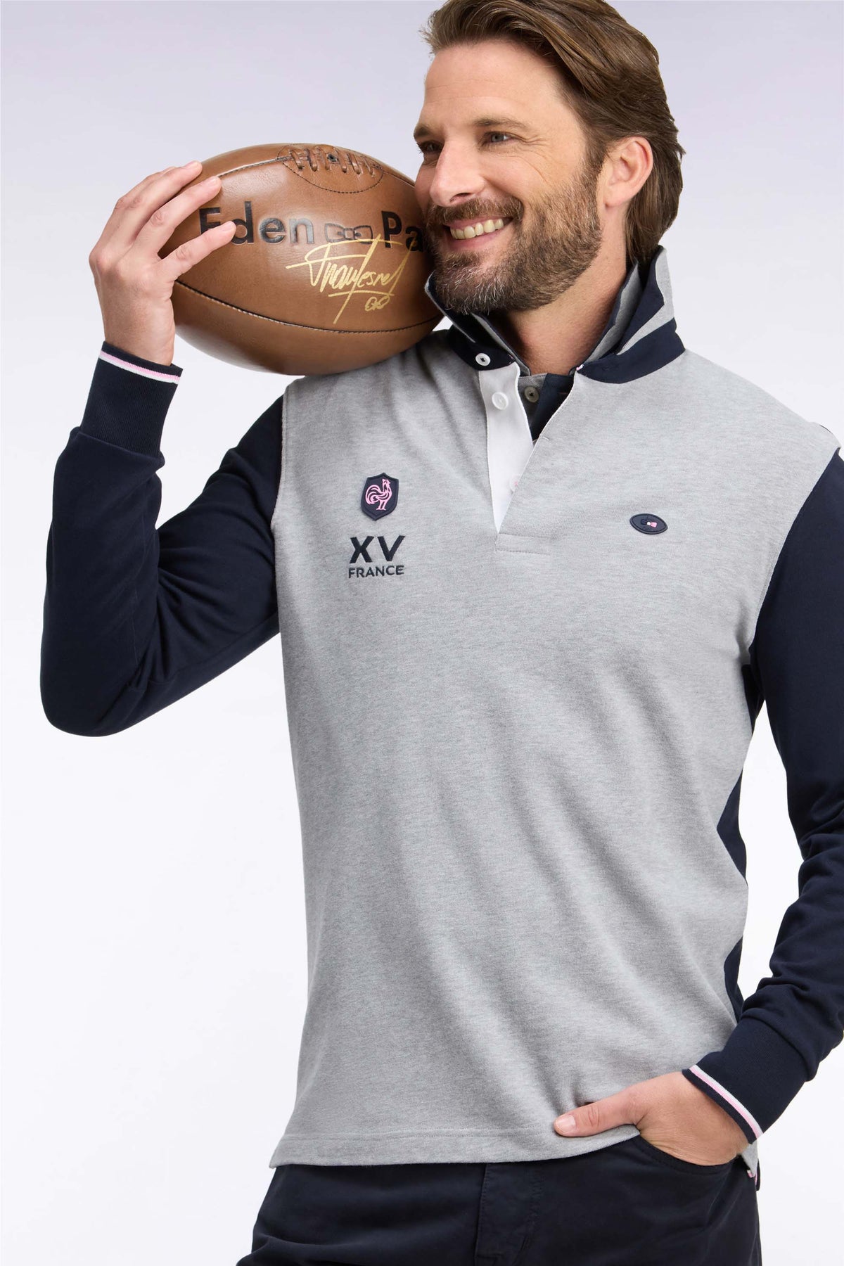 Long-sleeved jersey in navy and gray cotton jersey XV de France
