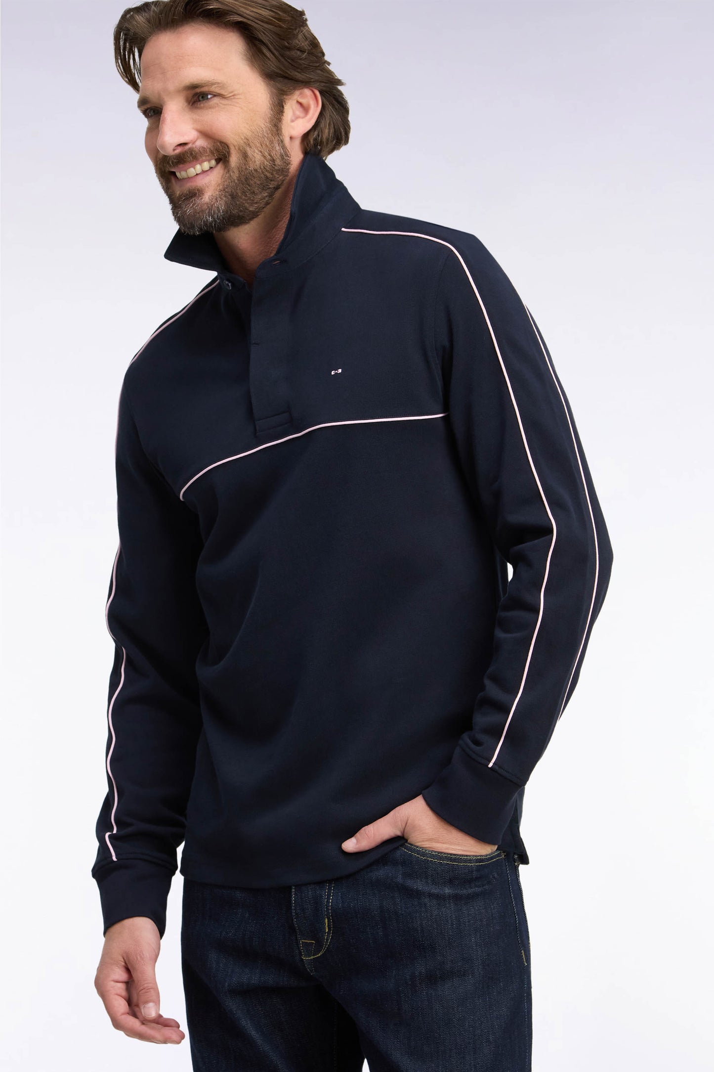 Maillot manches longues en jersey marine à passepoils roses