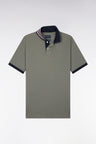 Short-sleeved polo shirt with striped undercollar in khaki Pima cotton, straight cut