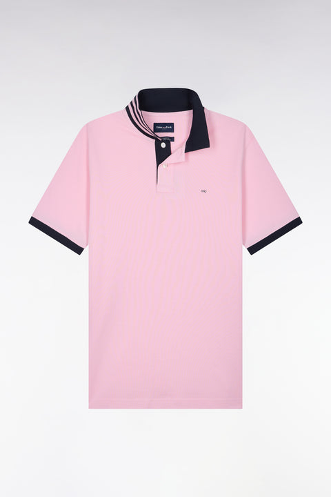 Polo manches courtes sous-col rayé en coton Pima rose coupe droite - Image 2