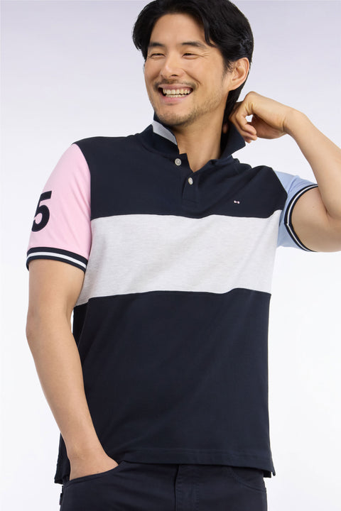 Polo manches courtes en piqué coton marine à découpe coupe droite - Image 1