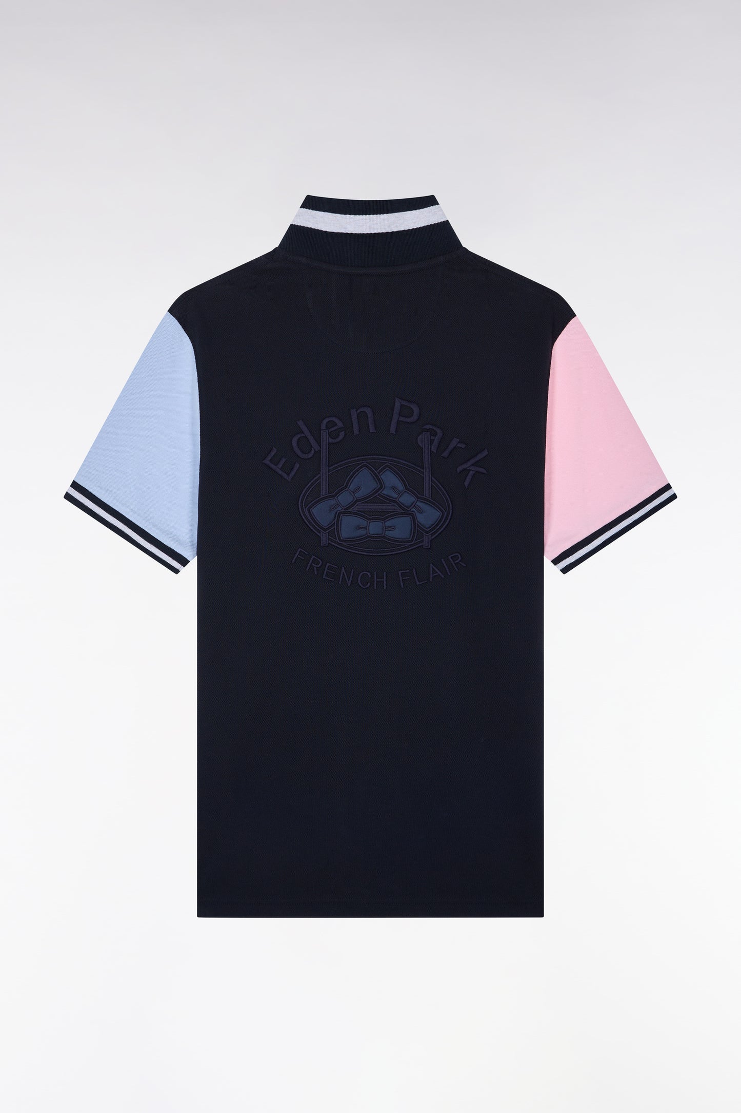 Polo manches courtes en coton tricolore marine broderie dos coupe droite