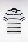 Short-sleeved ecru polo shirt with navy stripes, straight cut