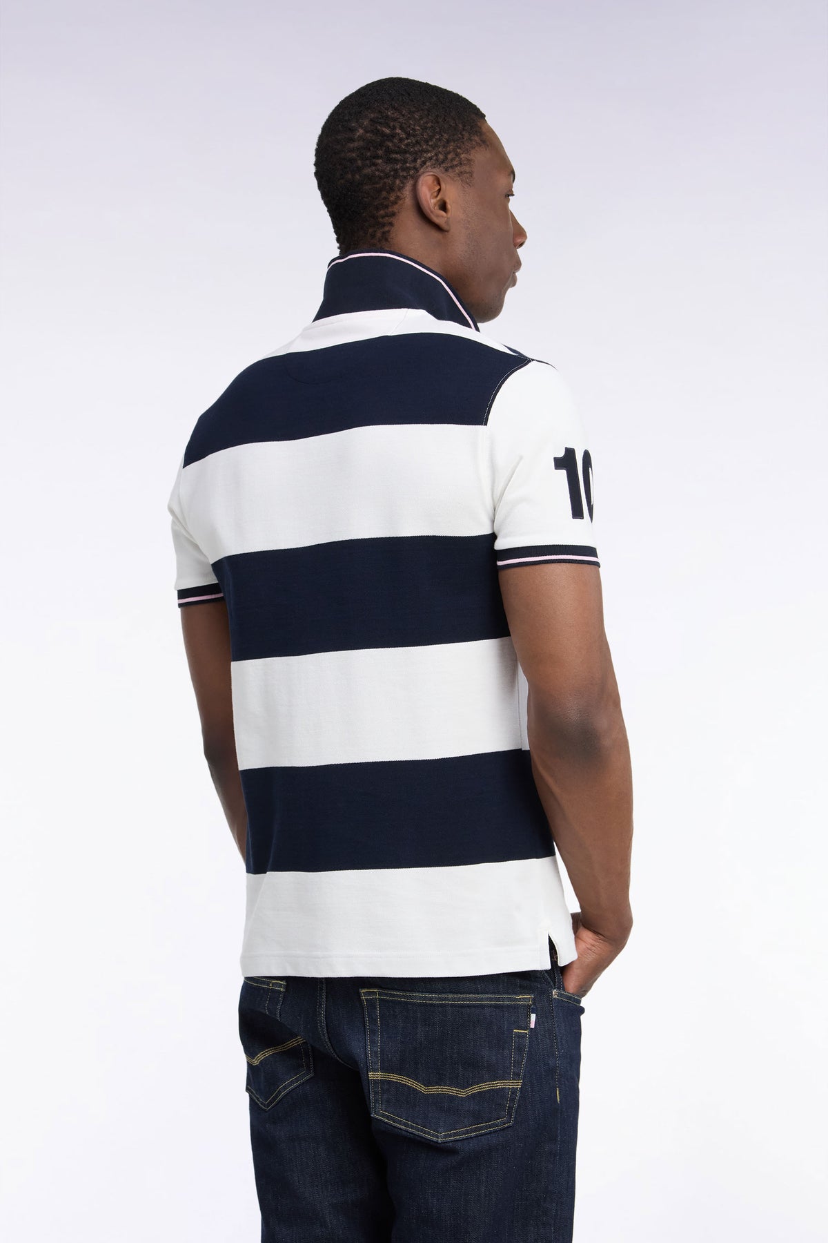 Polo manches courtes à rayures rugby écrues et marine coupe droite