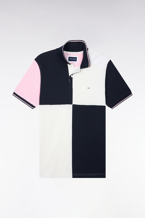 Short-sleeved polo shirt in three-color cotton piqué with ecru cutouts, straight cut - Image 2