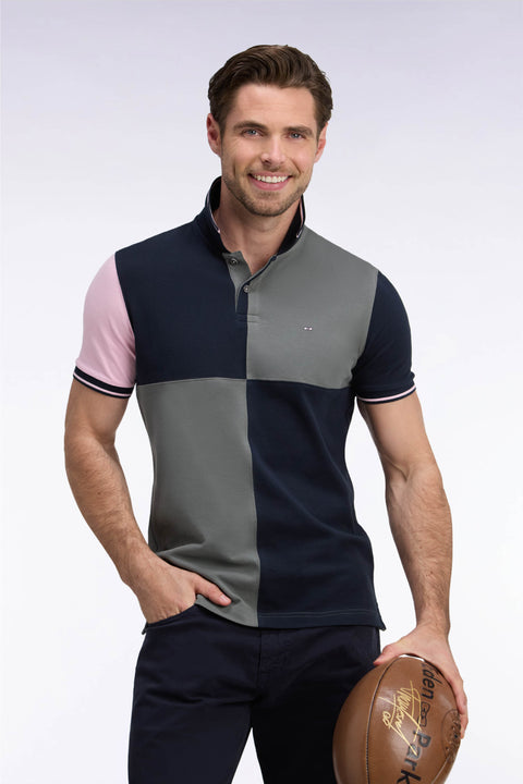 Short-sleeved polo shirt in three-color cotton piqué with khaki cutouts, straight cut - Image 1