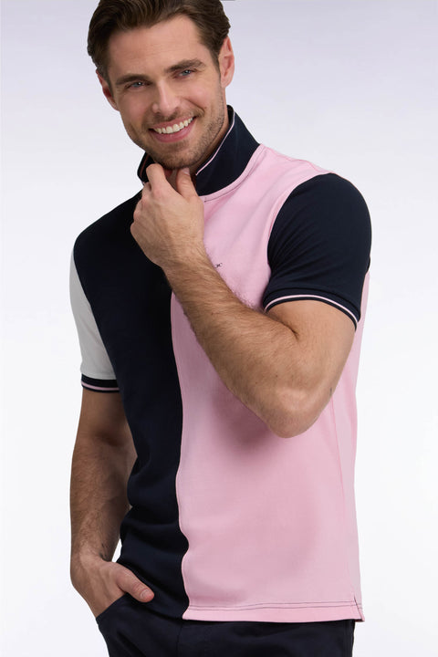 Short-sleeved polo shirt with navy and pink cutout, straight cut - Image 1