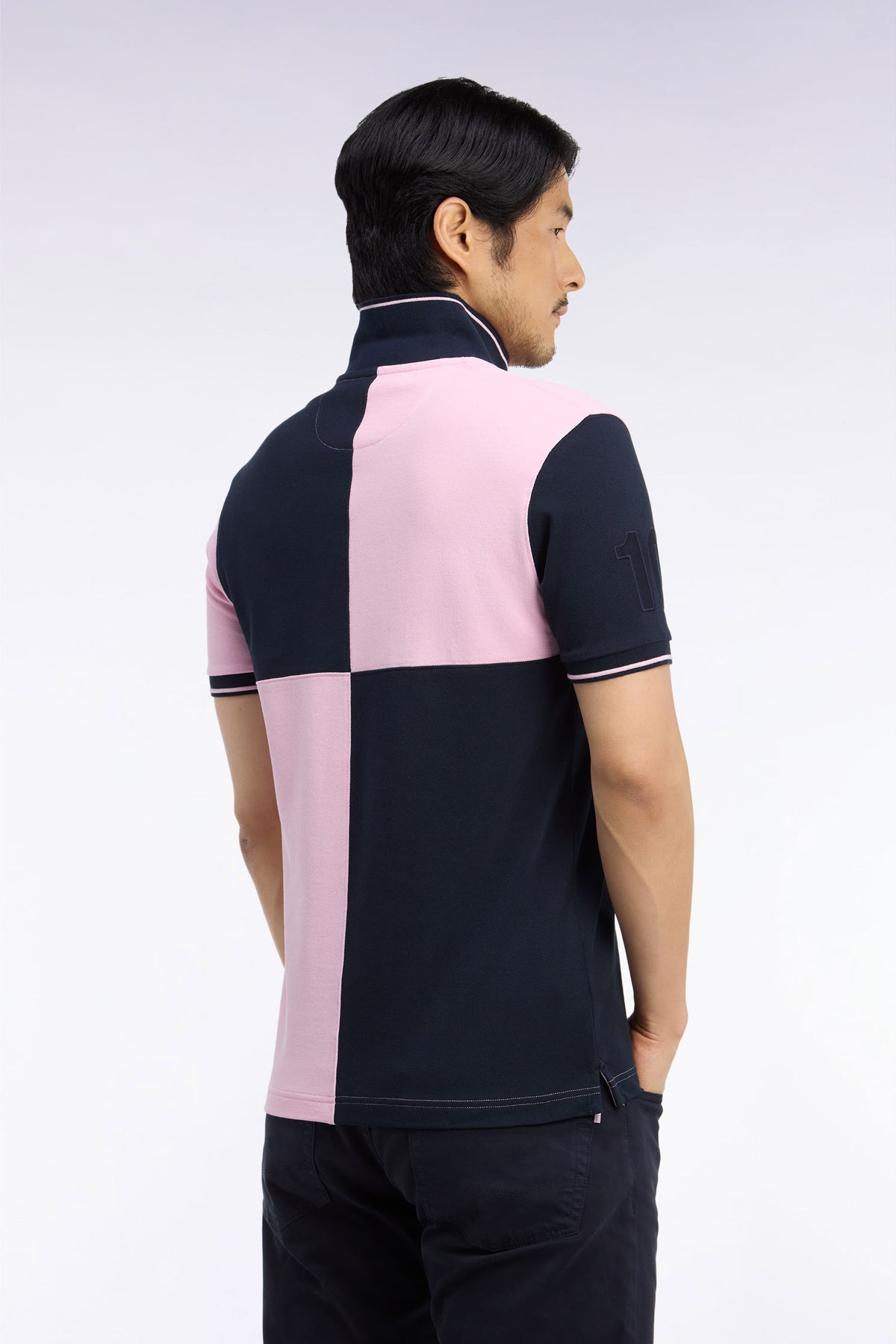 Polo manches courtes en coton marine et rose coupe droite