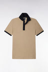 Short-sleeved polo shirt in beige and navy cotton, straight cut