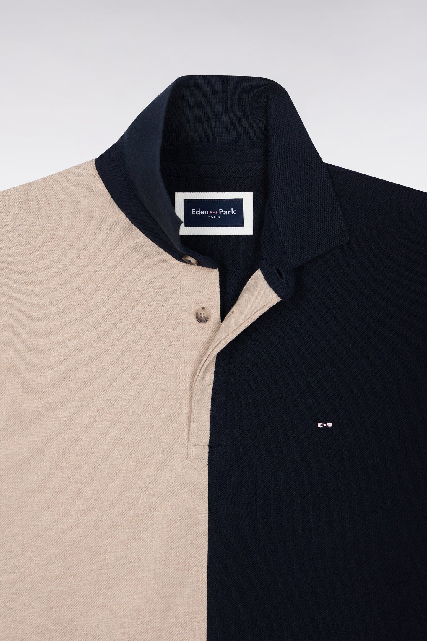 Polo manche courtes en piqué de coton peigné tricolore beige coupe droite