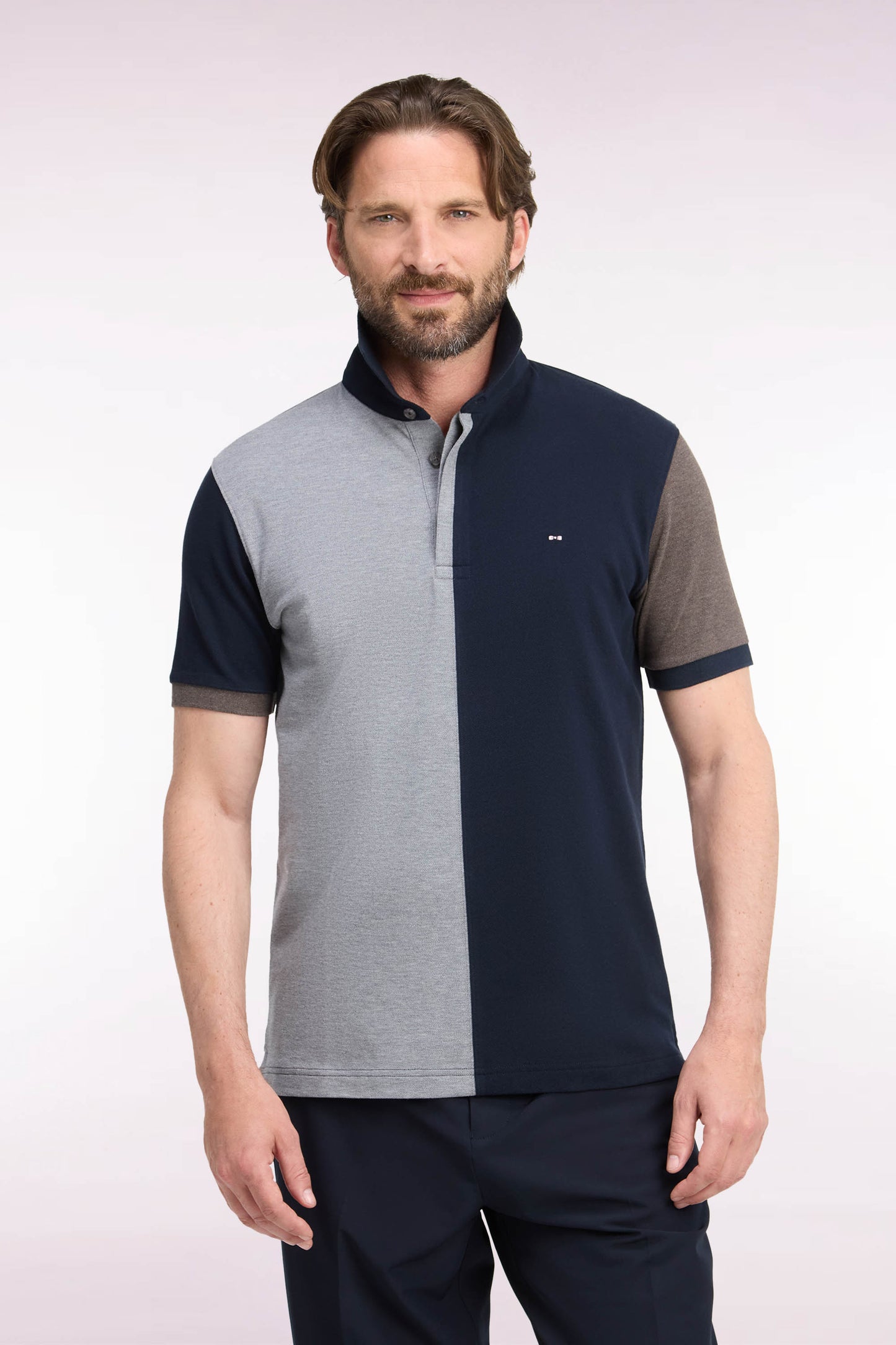 Polo manche courtes en piqué de coton peigné tricolore gris coupe droite