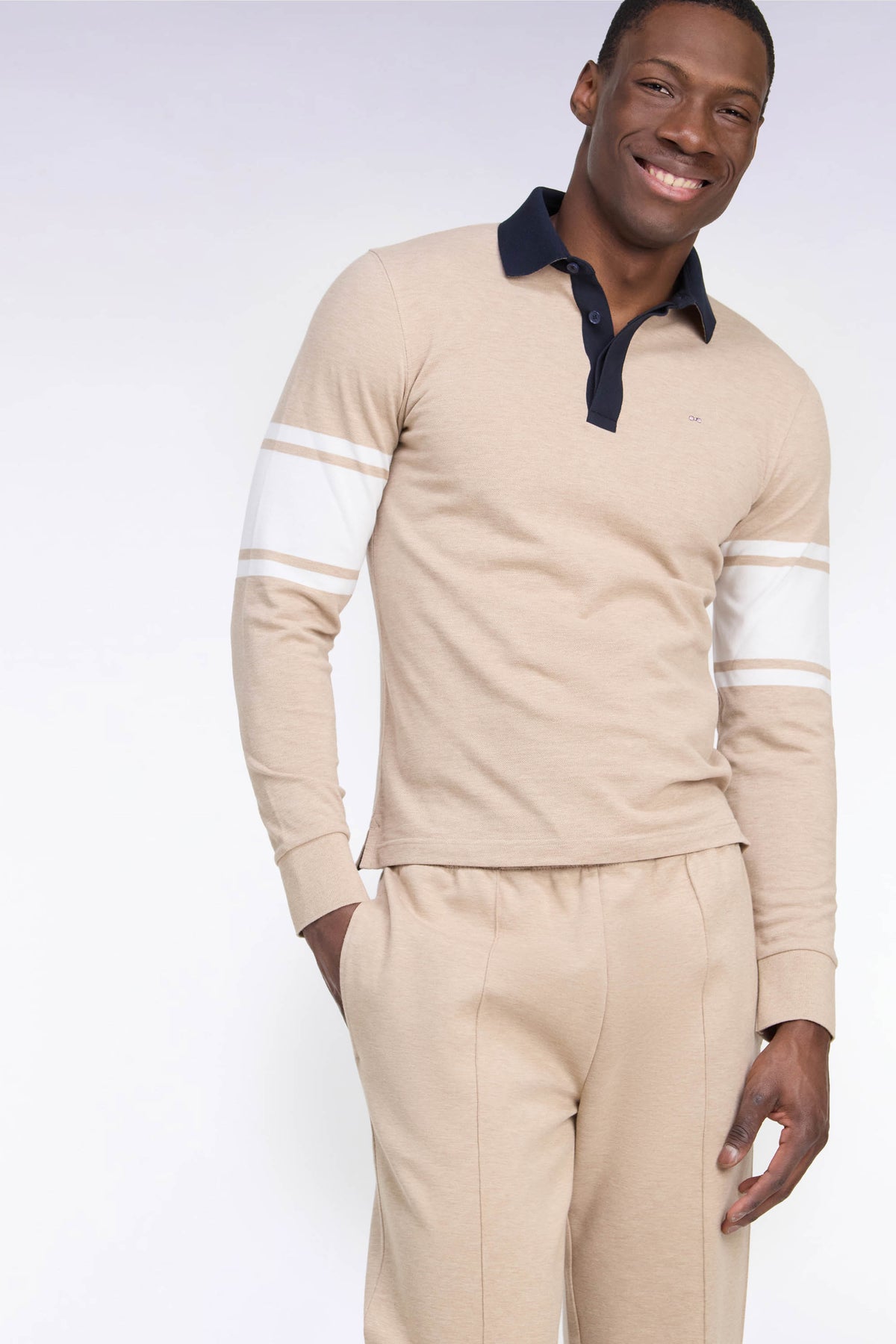 Long-sleeved polo shirt in beige cotton pique straight cut