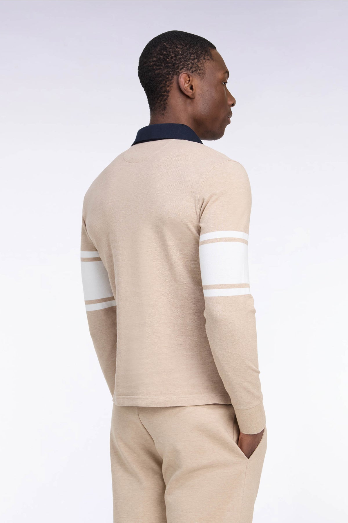 Long-sleeved polo shirt in beige cotton pique straight cut