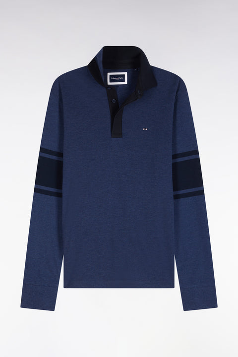 Long-sleeved polo shirt in blue and navy cotton pique straight cut - Image 2