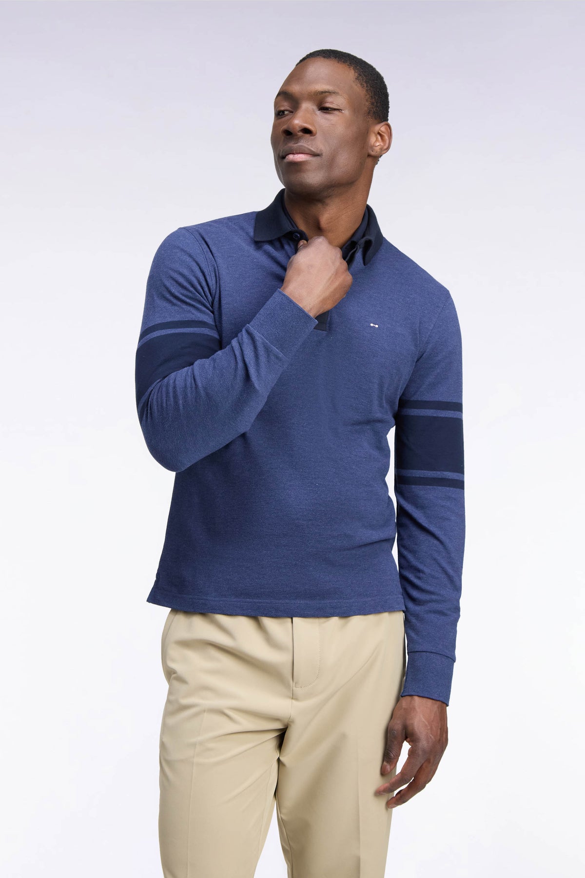 Long-sleeved polo shirt in blue and navy cotton pique straight cut