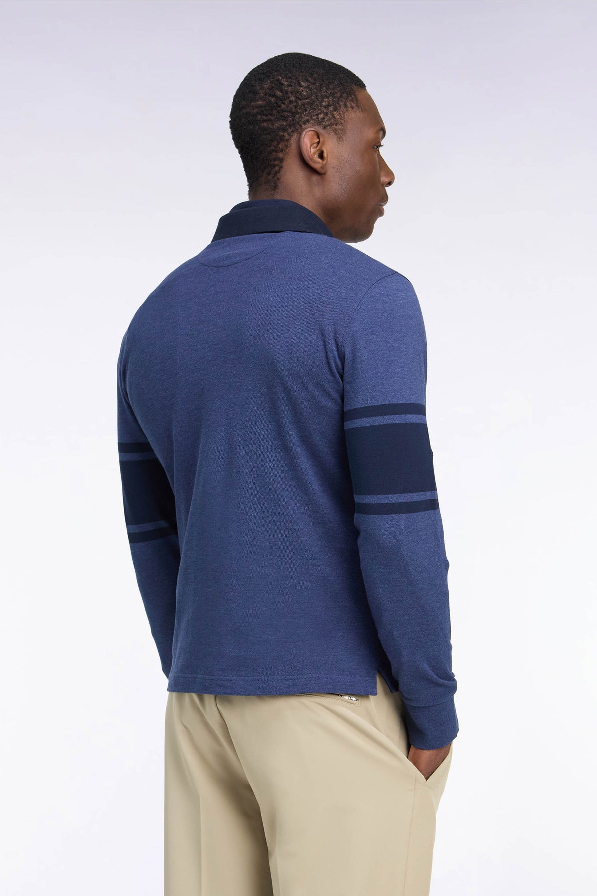 Long-sleeved polo shirt in blue and navy cotton pique straight cut