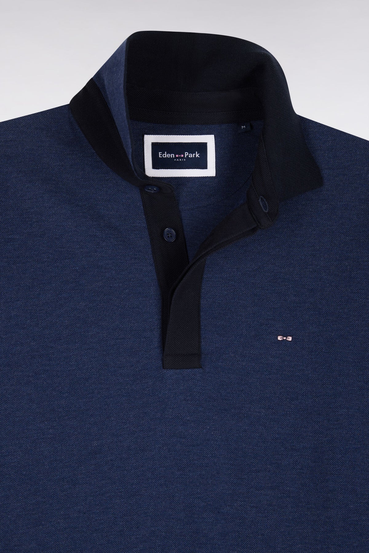 Long-sleeved polo shirt in blue and navy cotton pique straight cut