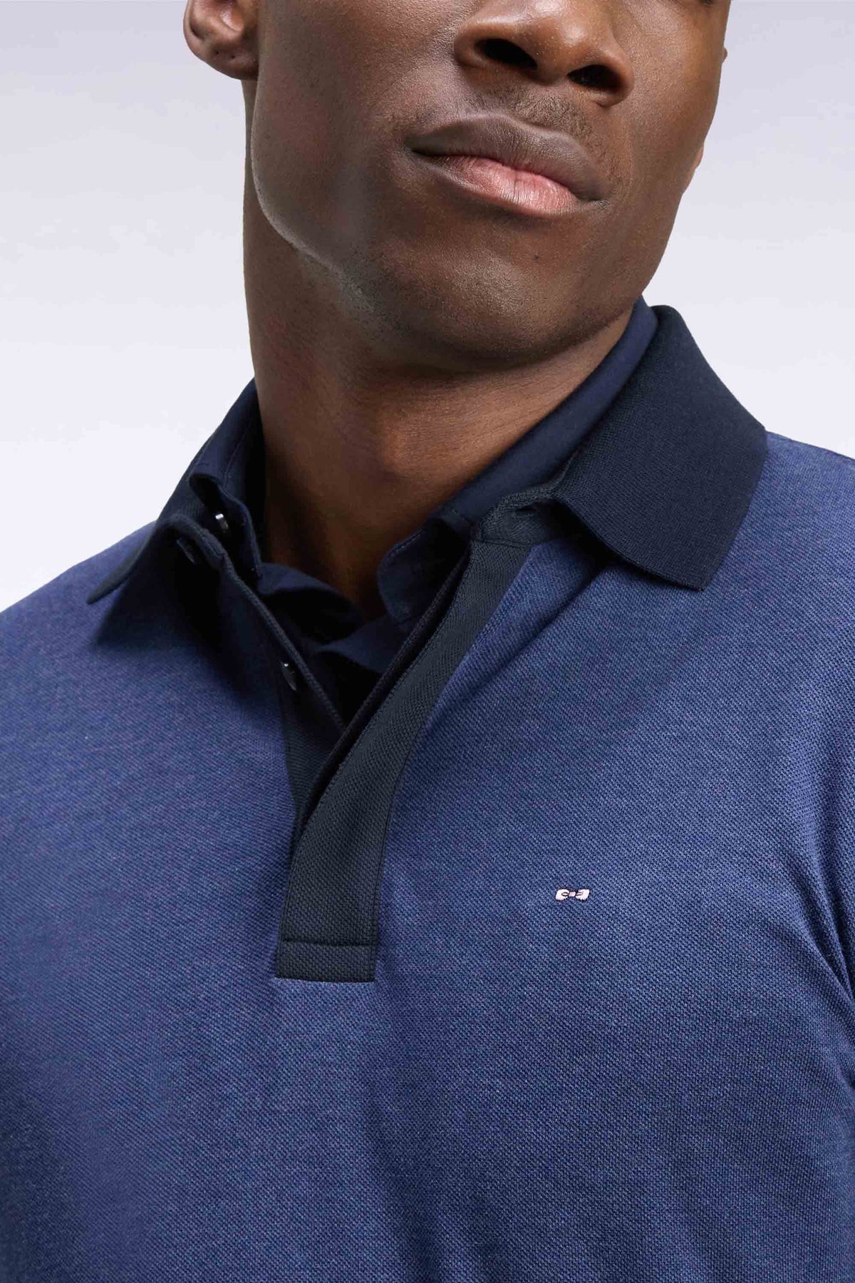 Long-sleeved polo shirt in blue and navy cotton pique straight cut