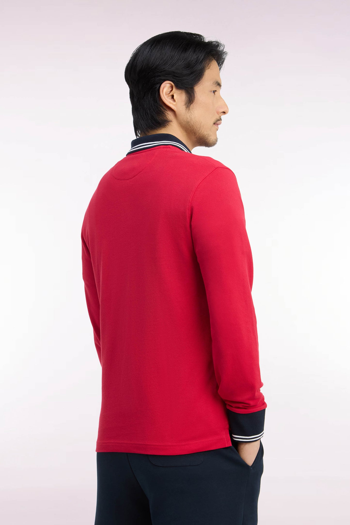 Polo manches longues en piqué de coton peigné rouge coupe droite
